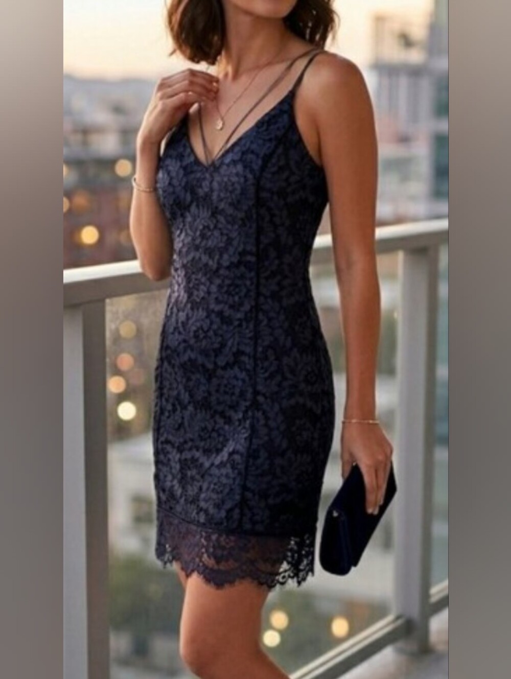 ASTR Navy Lace Mini Slip Dress with Scalloped Hem